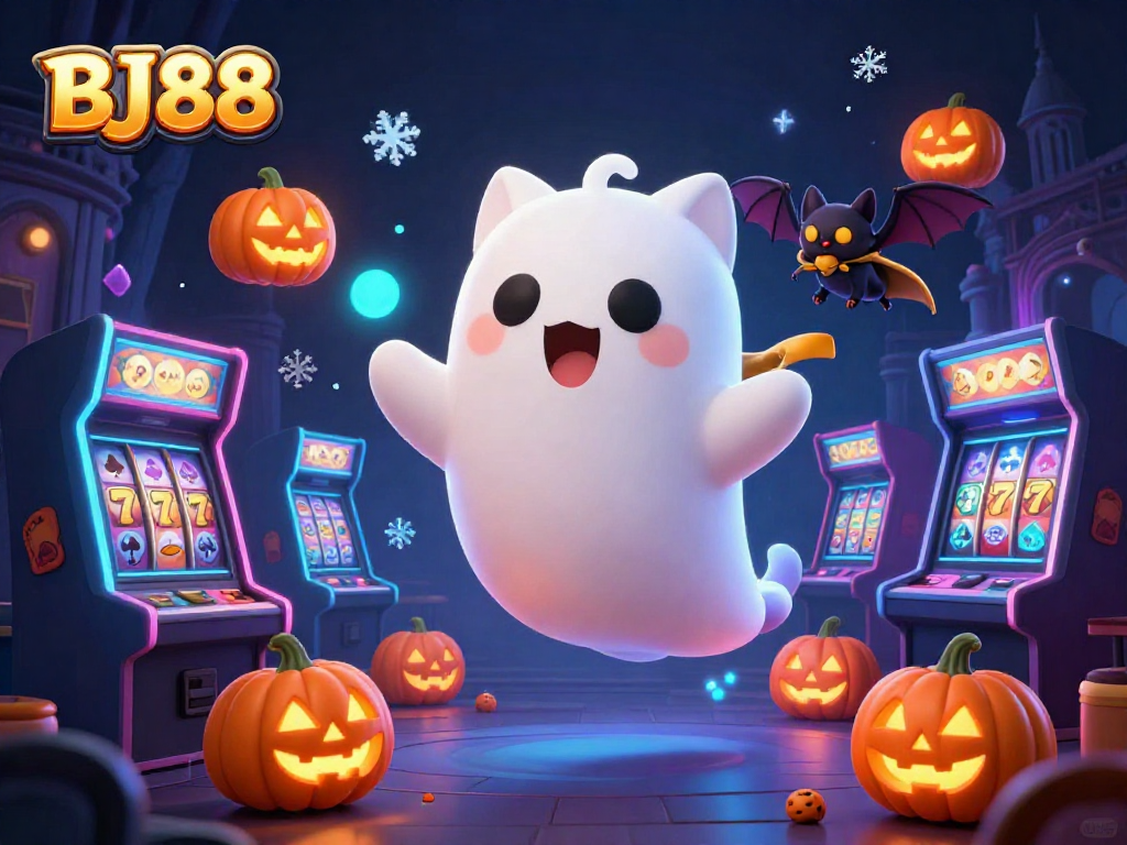 Experience exciting gameplay at BJ88 with vibrant slots, a ghost cat, and glowing pumpkins.