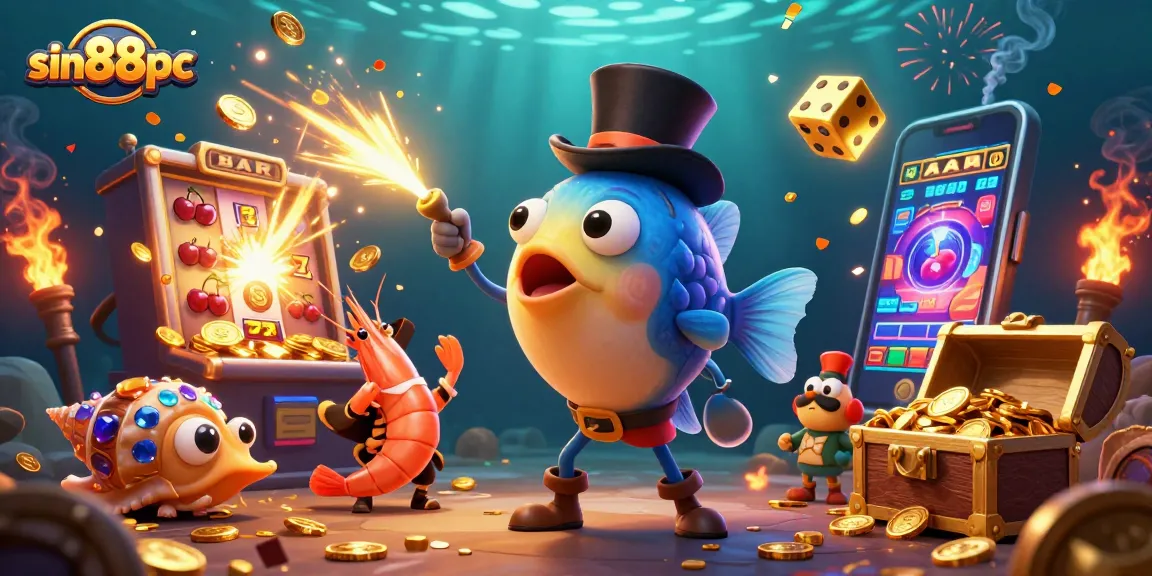 Engaging sin88pc casino scene featuring cartoon characters attracting gold coins with vibrant gaming symbols.