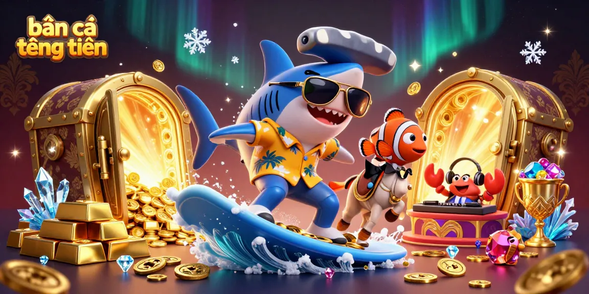 Engage with bắn cá tặng tiền as cartoon characters hunt for treasure in a vibrant underwater scene.