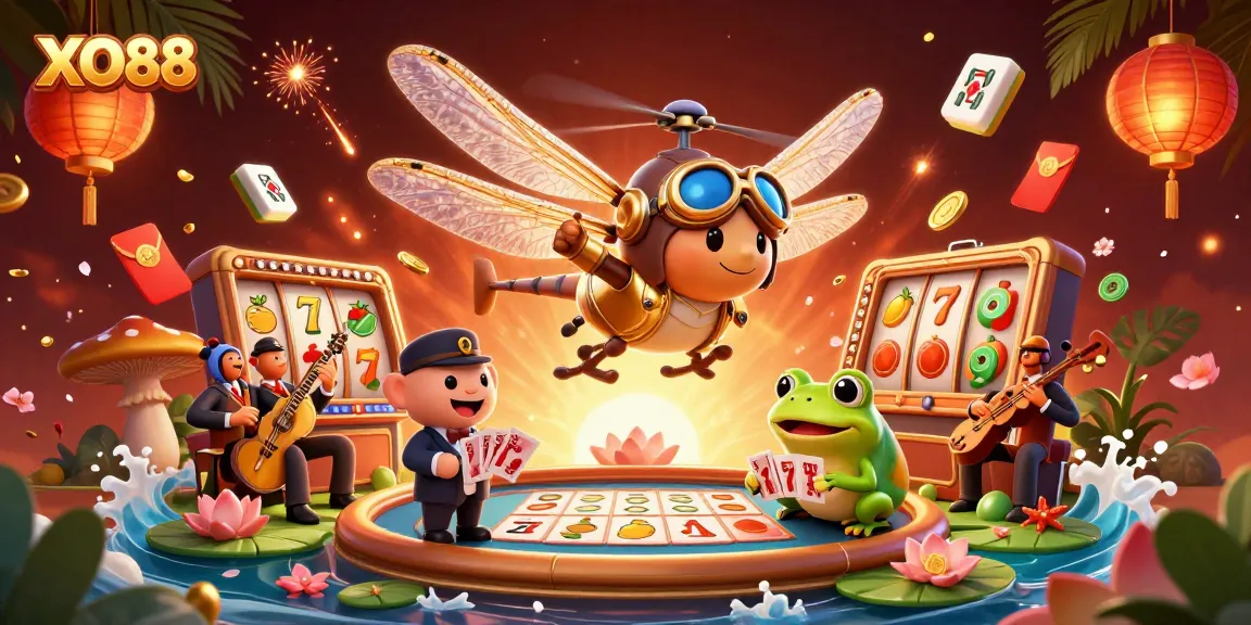 Engage with the exciting world of XO88 featuring vivid scenes of slot games and casino action.