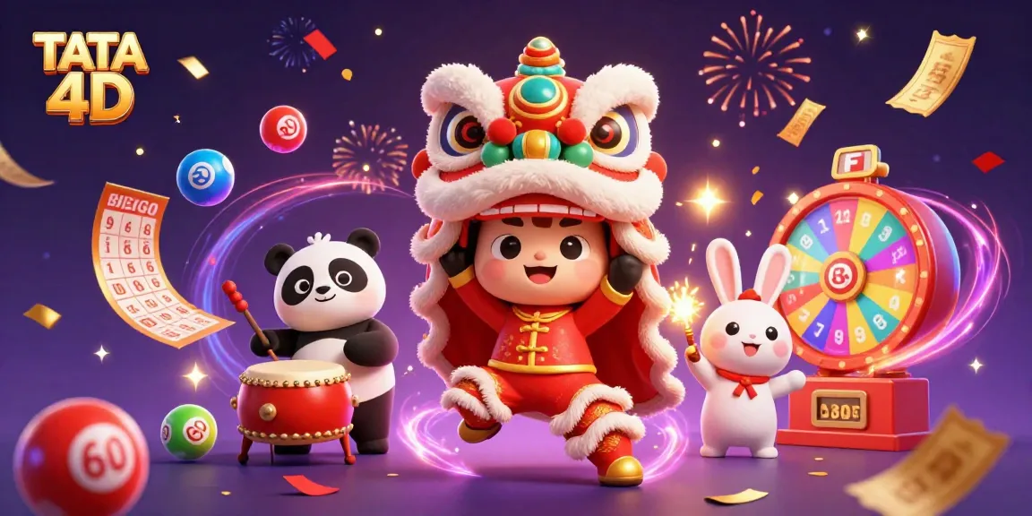 TATA 4D presents an exciting lottery celebration featuring colorful characters and elements exuding thrill and chance.