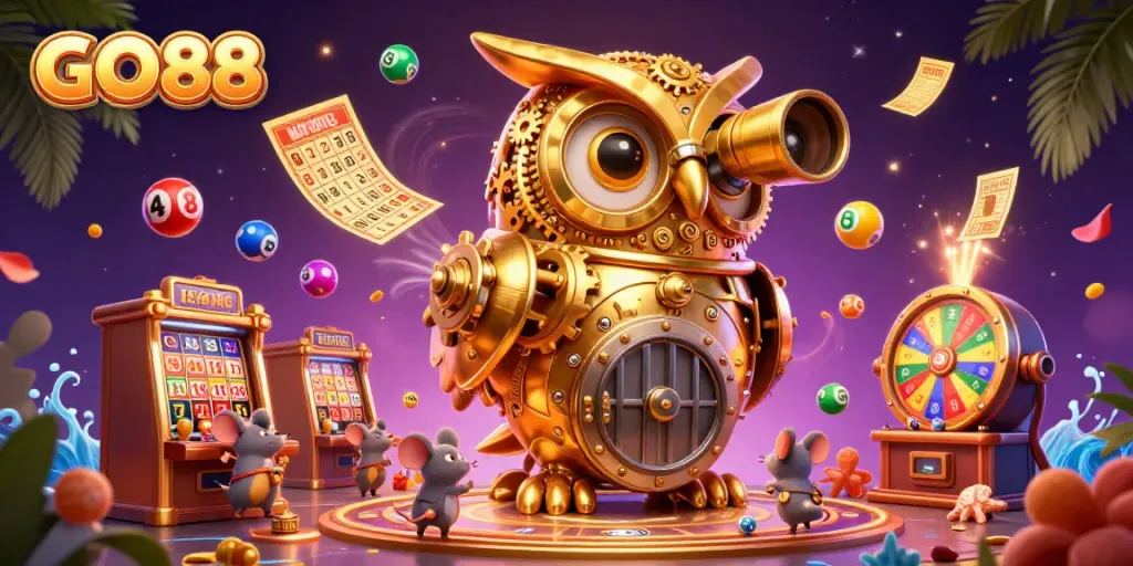 Engage in exciting gameplay at GO88 with a playful scene featuring a golden owl and bustling casino elements.