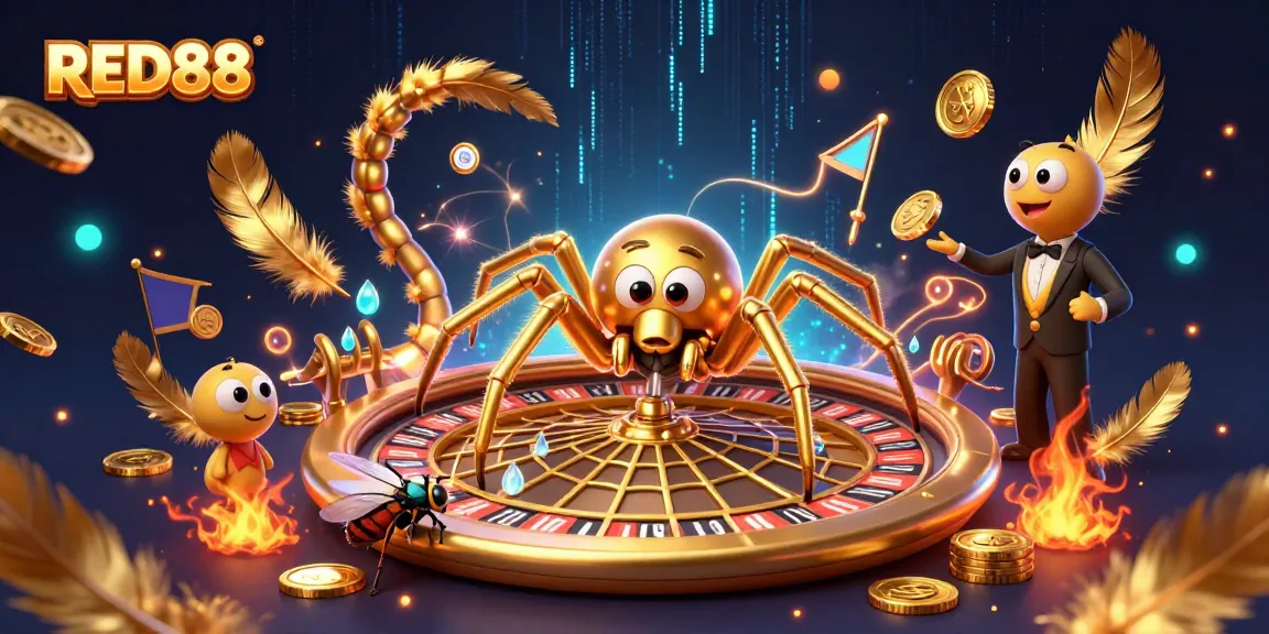 Engage in thrilling bets at RED88, illustrated with a golden spider themed roulette web.