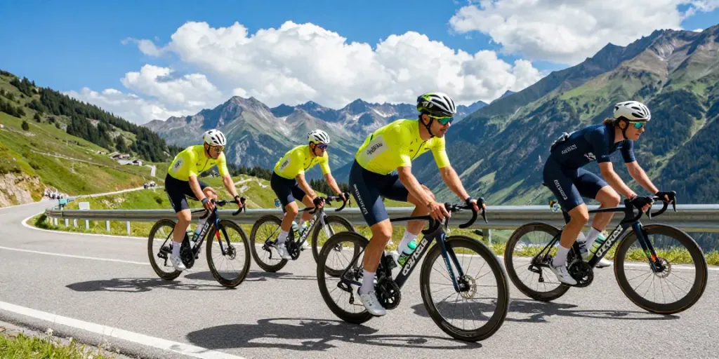Squadre ciclismo in allenamento sulle montagne, ciclisti professionisti in azione.