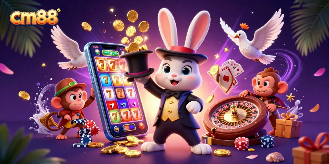 Witness the cm88 magic with a rabbit pulling coins and vibrant casino elements streaming around.