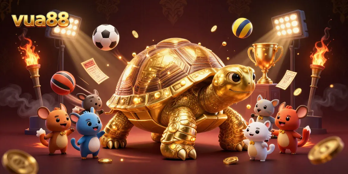 Experience the thrilling action at vua88 with a vibrant, dynamic casino scene featuring a colossal tortoise pinball, sports elements, and excited players.