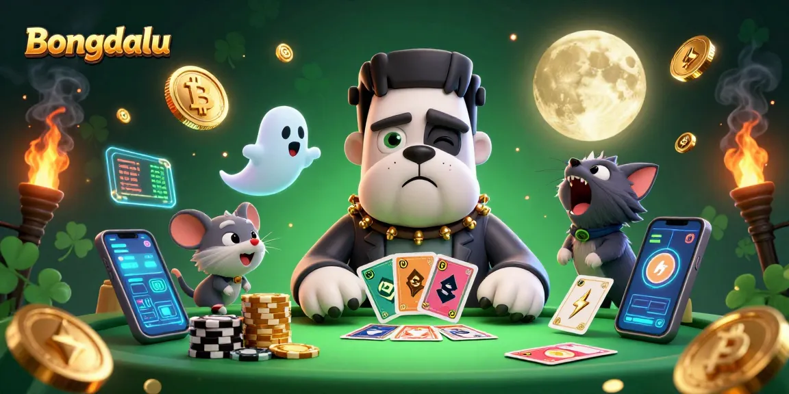 Bongdalu brings excitement to the table as a Frankenstein bulldog deals cards in a spooky gaming scene.