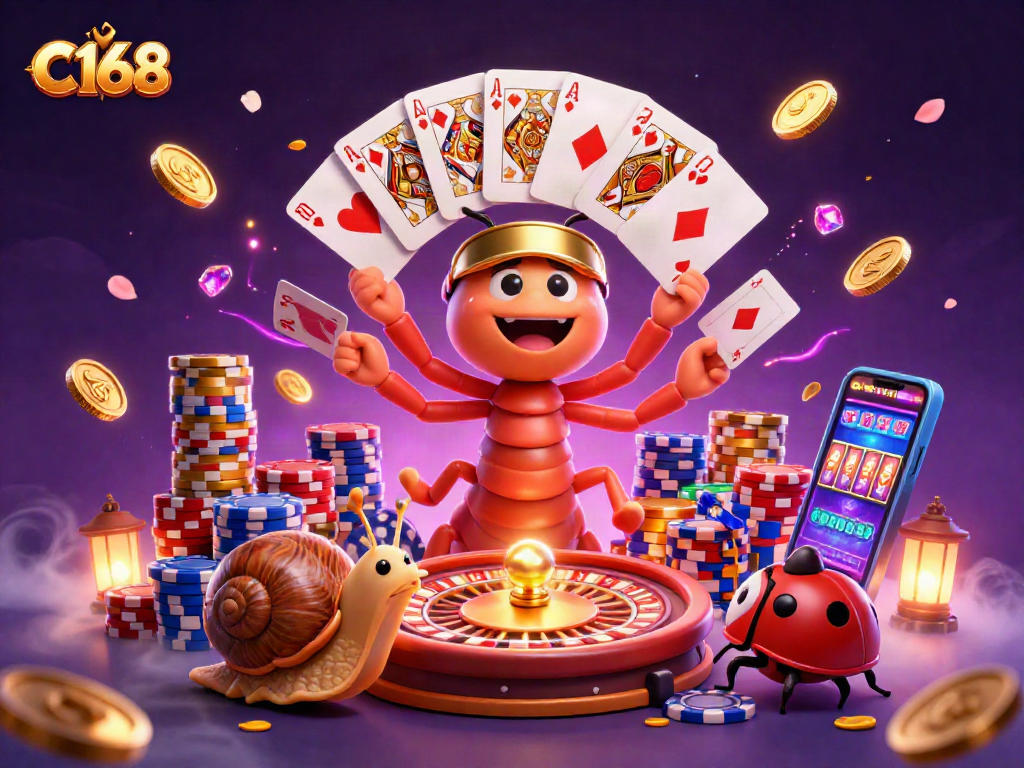 C168 illustration showing a vibrant casino scene with a millipede dealer, colorful poker chips, and a high-roller snail.