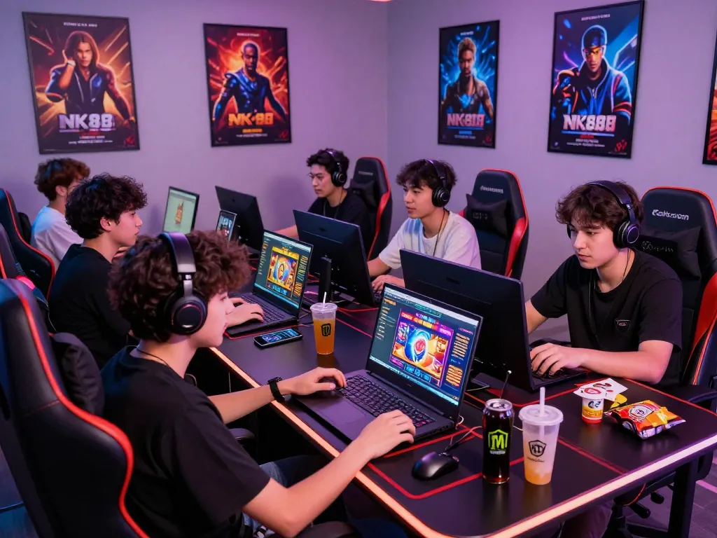 Gen Z players enjoying the nk88 online casino experience in a vibrant gaming room with modern tech.