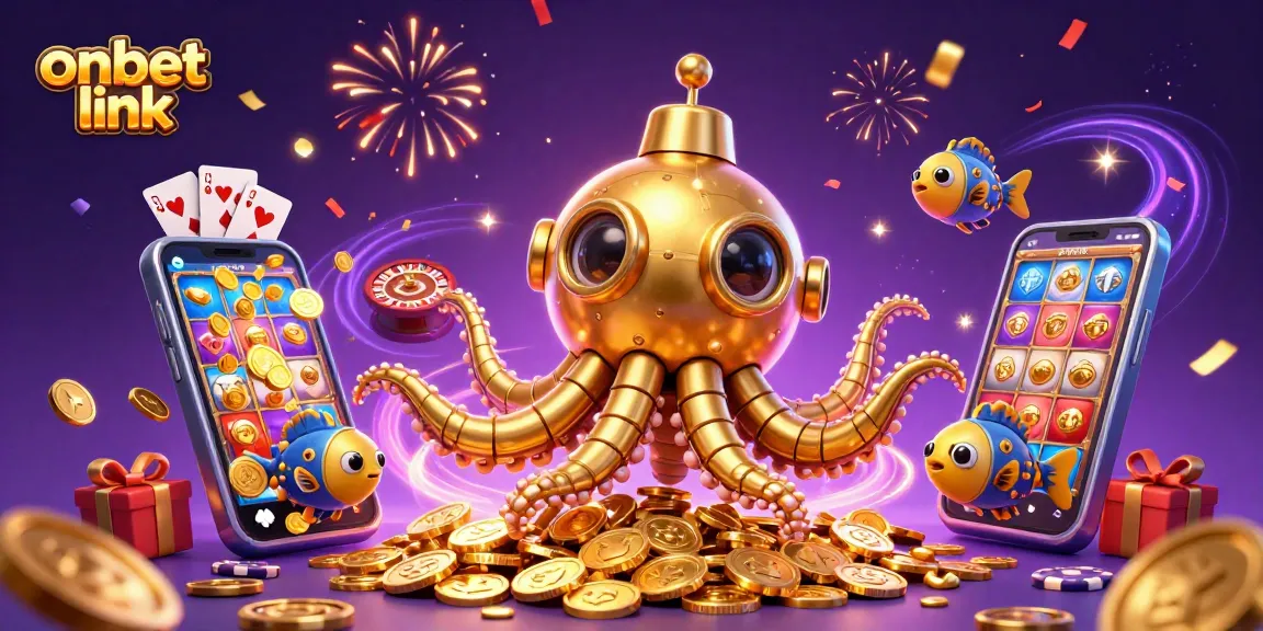 Engage with the onbet link displaying a thrilling 3D casino scene filled with colorful slot games and golden treasures.