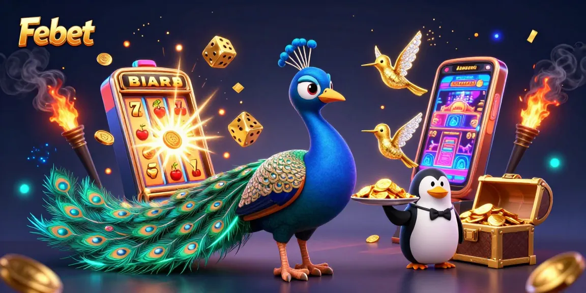 Experience the excitement at Febet with a dynamic 3D casino illustration showcasing unique characters and gambling elements.