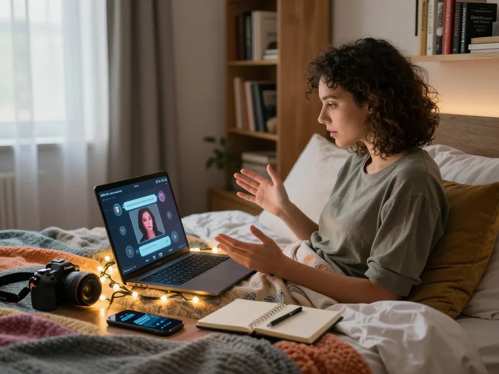 Engaging in a sex AI chat in a cozy bedroom ambiance