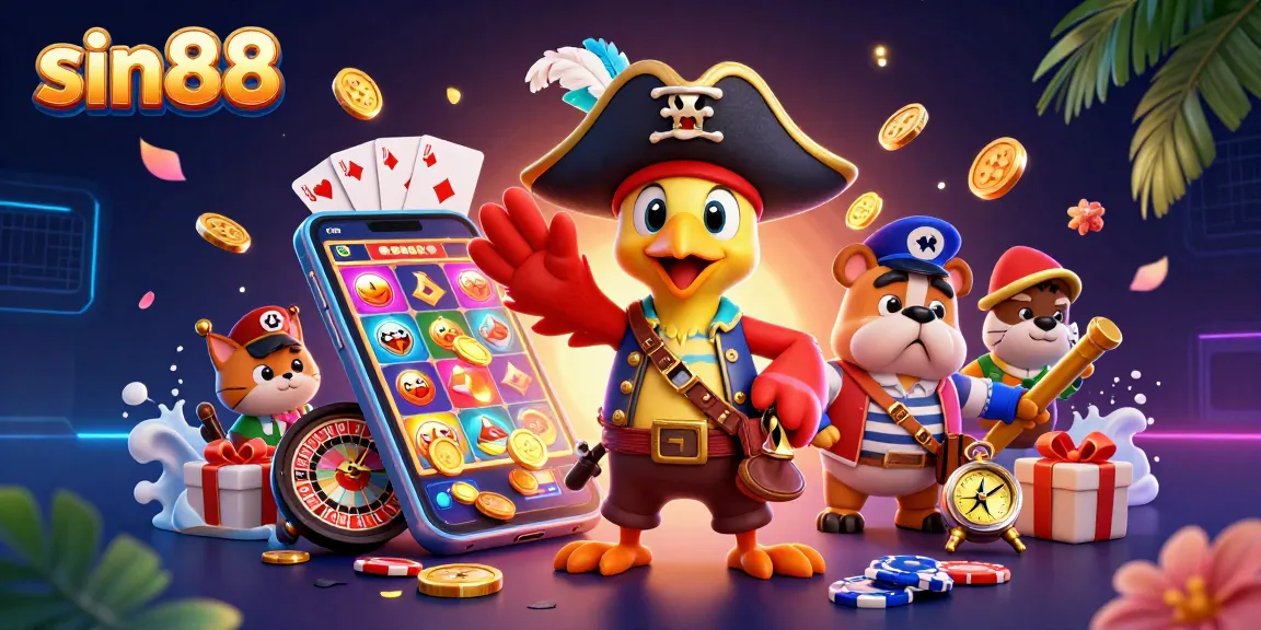 sin88 unveils a vibrant casino scene with a pirate captain, dog first mate, and a cat navigator amidst dynamic gaming elements.