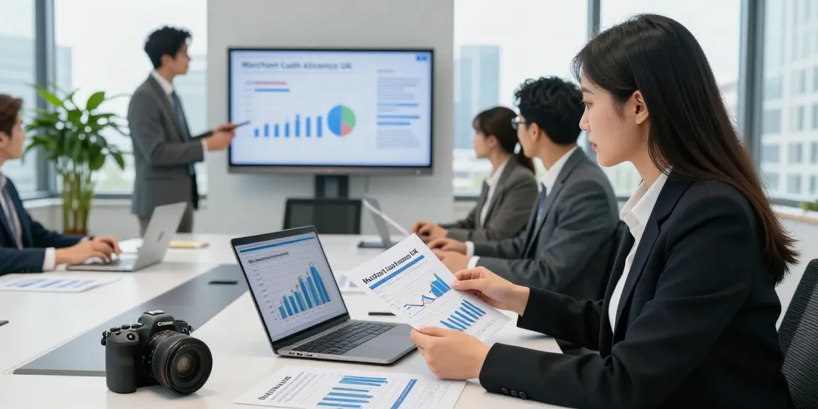 Professional woman analyzing merchant cash advance UK opportunities in a modern office.