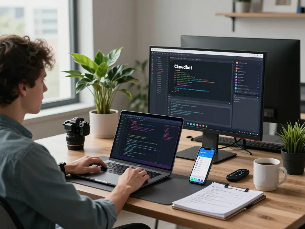 Developer utilizing Clawdbot on Mac in a vibrant workspace showcasing coding and productivity.