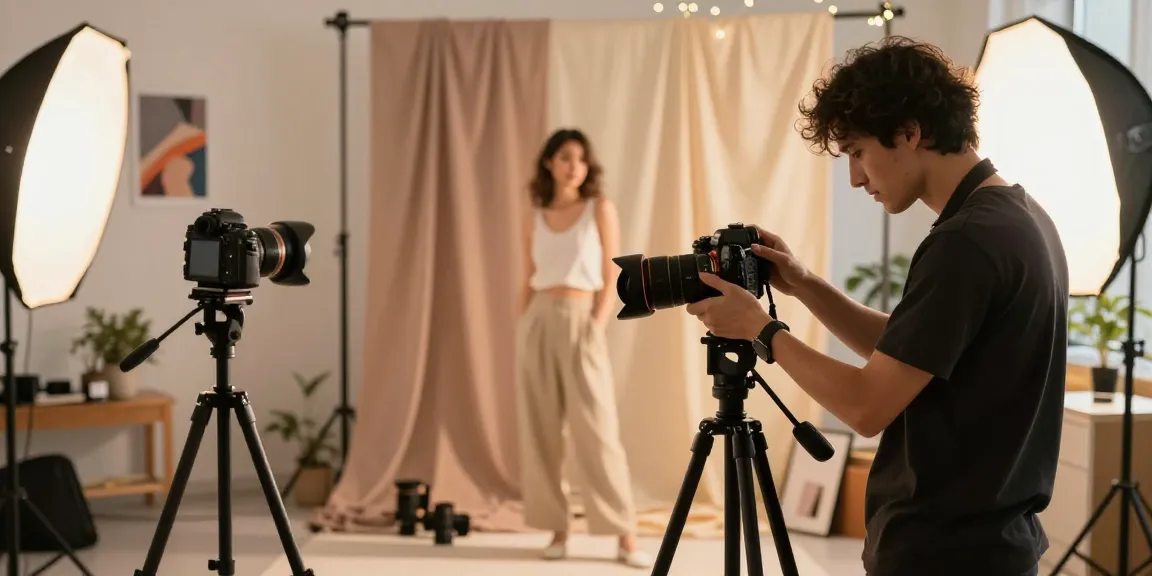 Fotografo professionista a Milano che regola la fotocamera per una sessione di ritratti, mostrando un'atmosfera artistica da studio.