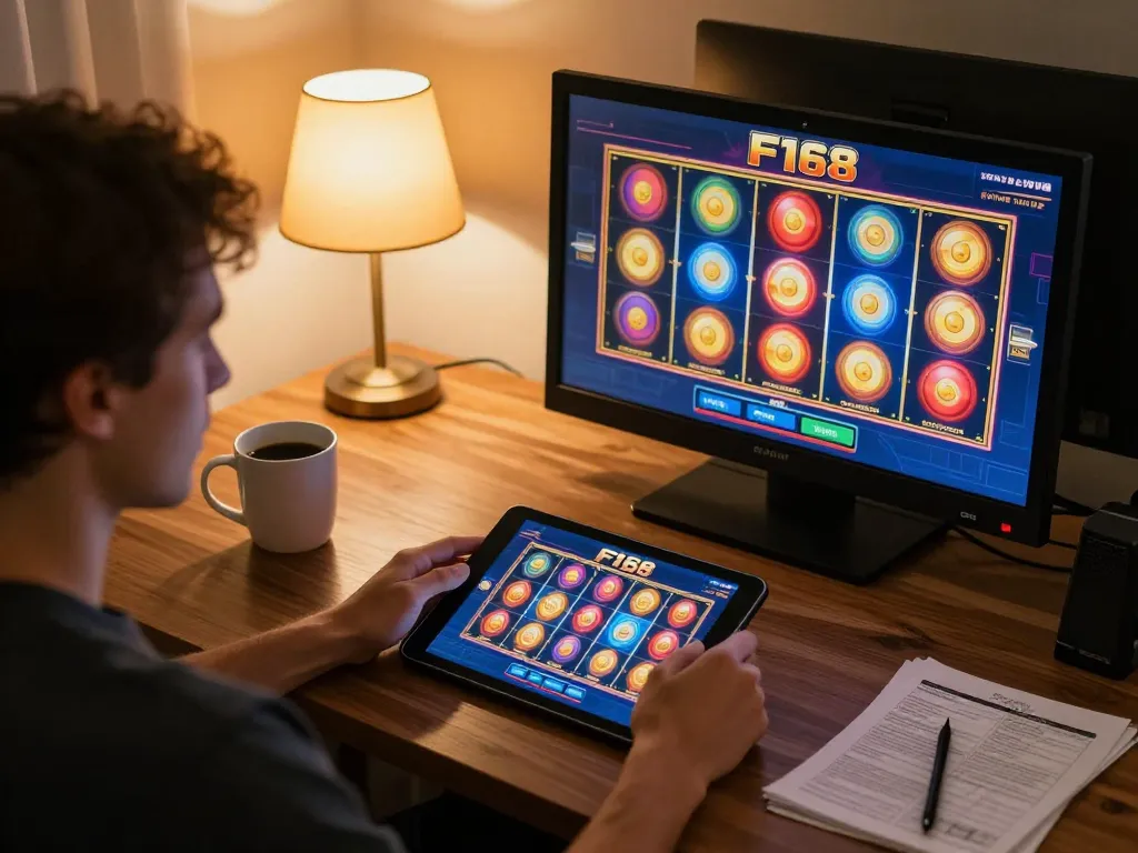 Playing F168 online slots on a tablet, with strategy notes and coffee on a cozy table.