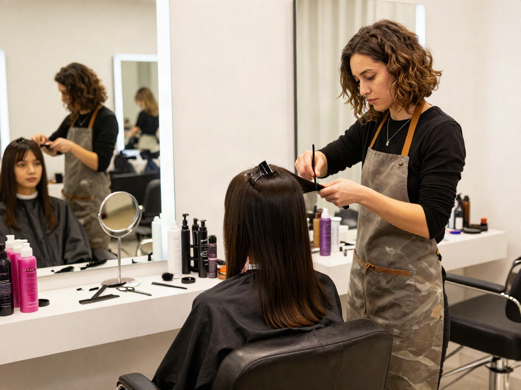 Professional hairstylist at https://carbonegroupparrucchieri.it/ cutting hair in a vibrant salon, showcasing beauty transformations.