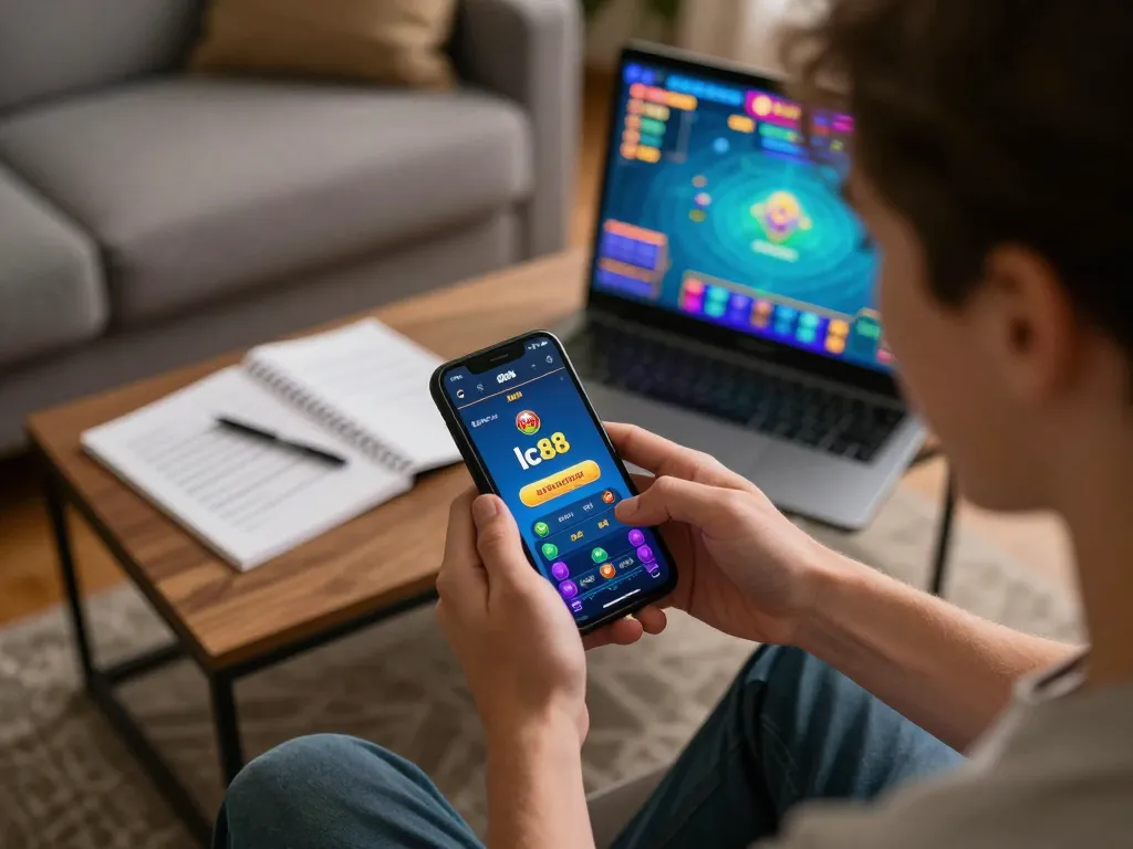 Engaging with the lc88 link on a smartphone during an exciting online gambling session at home.