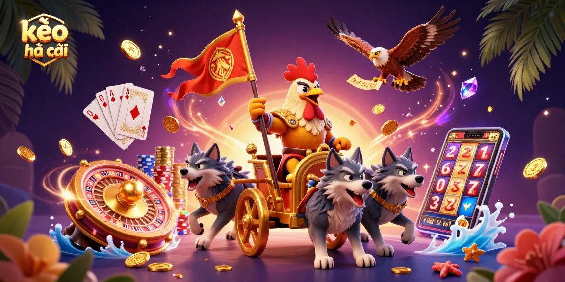 Win big with kèo nhà cái illustrated by a rooster warlord leading a treasure-filled casino battle.
