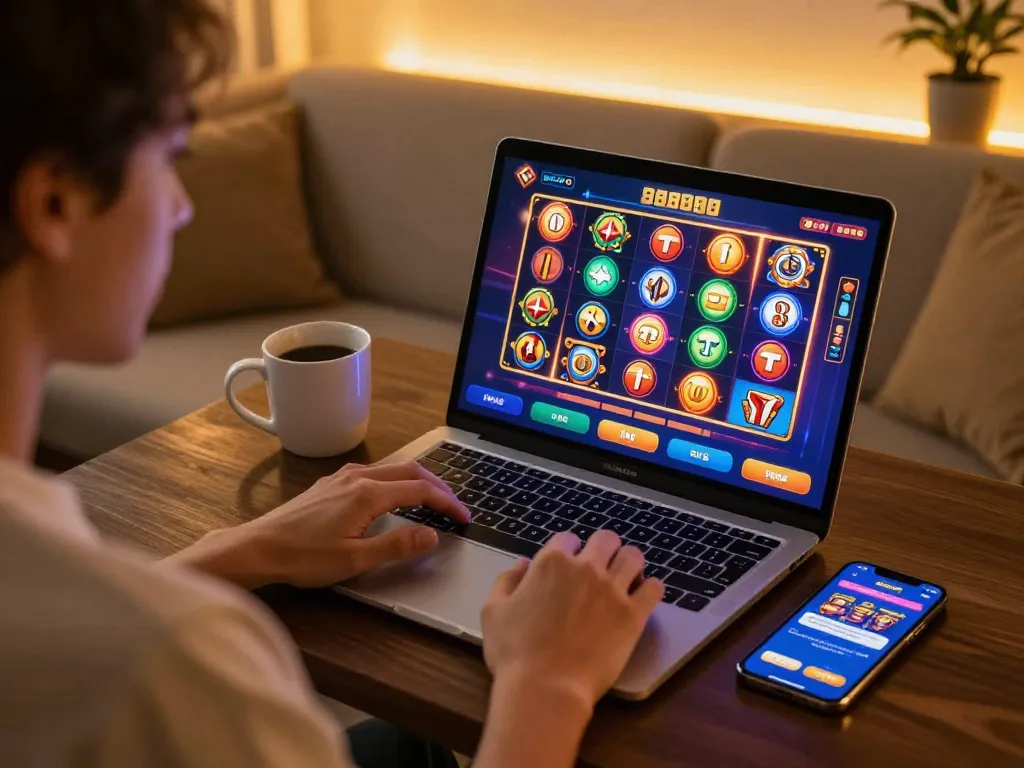 Engaging with the Jun88 app on a stylish laptop, showcasing vibrant slot games in a cozy home setting