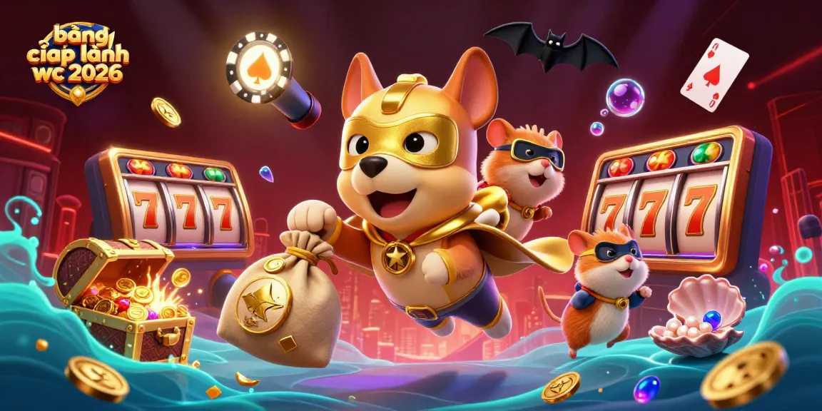 bảng xếp hạng wc 2026 showcases exciting casino elements with a superhero dog and hamster amidst vibrant 3D graphics.