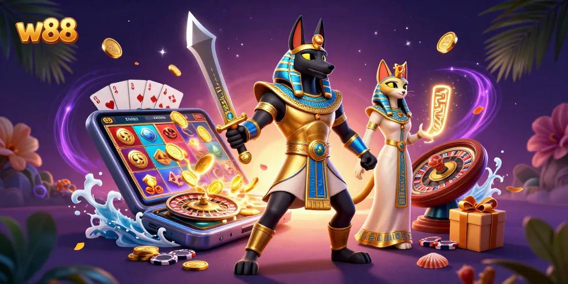 Experience winning with w88's vibrant 3D casino illustration showcasing thrilling gameplay elements.