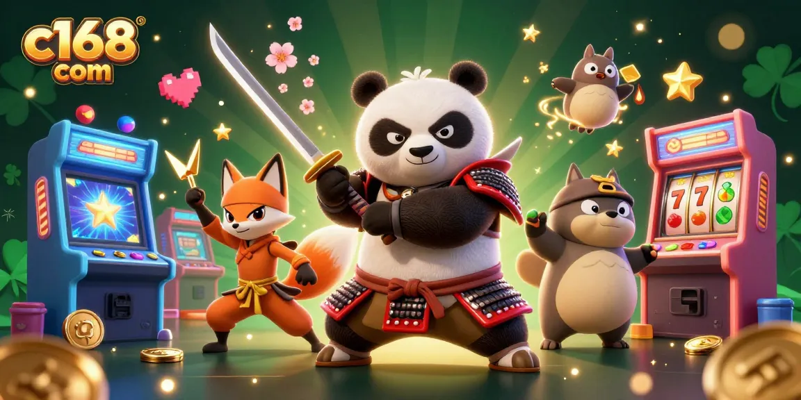 Engage in thrilling gameplay with C168 com, featuring samurai panda and ninja fox amidst slot machines and gold coins.