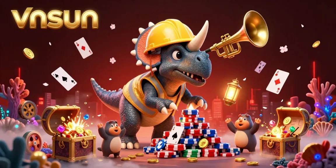 Experience thrilling action at vnsun with vibrant poker chips and cheerful characters in a dynamic casino scene.
