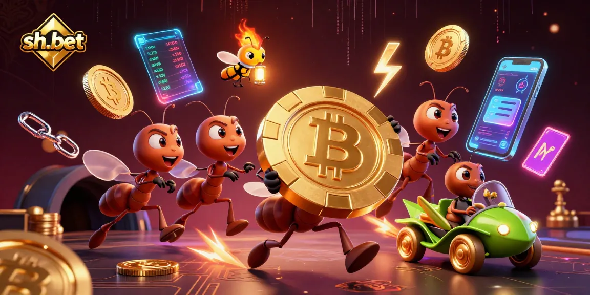 Experience thrilling wins with sh-bet's 3D ants heist illustration showcasing a golden poker chip.
