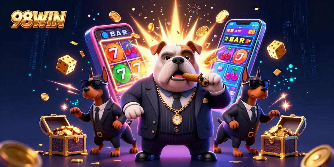 Engaging high-energy scene showcasing 98WIN's playful mafia boss bulldog and dynamic casino elements.
