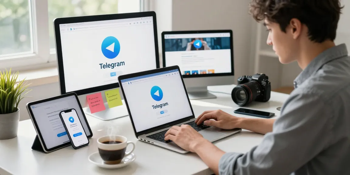 Download Telegram on a sleek laptop with smartphone notifications in a tech workspace