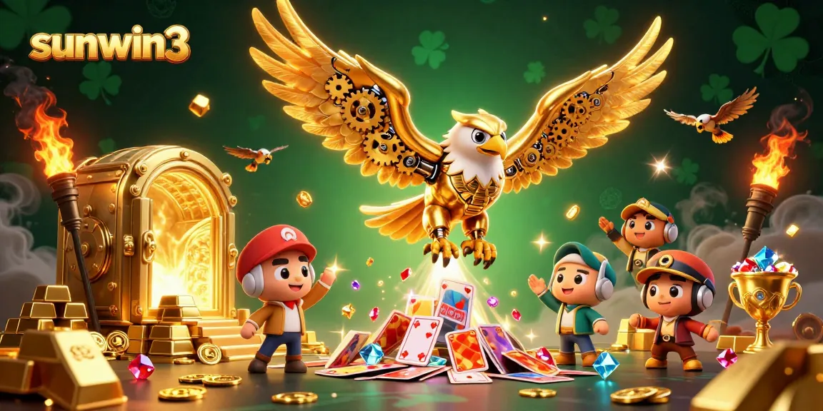 Experience thrilling gameplay at sunwin3 with a dynamic cybernetic eagle amidst holographic cards and treasures.