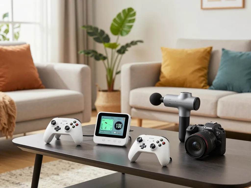 Innovative living room filled with cool tech gadgets under $138, featuring Bluetooth devices and a cozy environment.