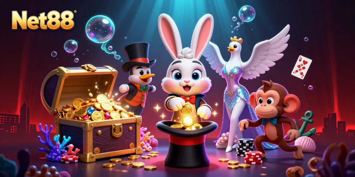 Experience thrilling gaming at Net88 with a whimsical casino scene featuring playful characters.