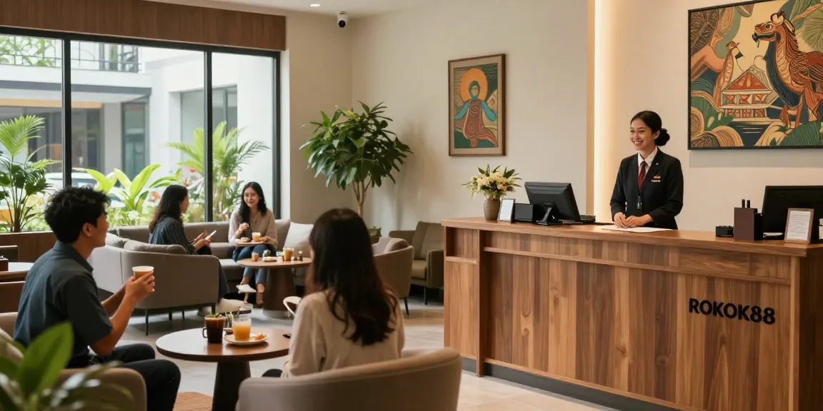Welcoming atmosphere at ROKOK88, cozy hotel lobby with friendly staff.