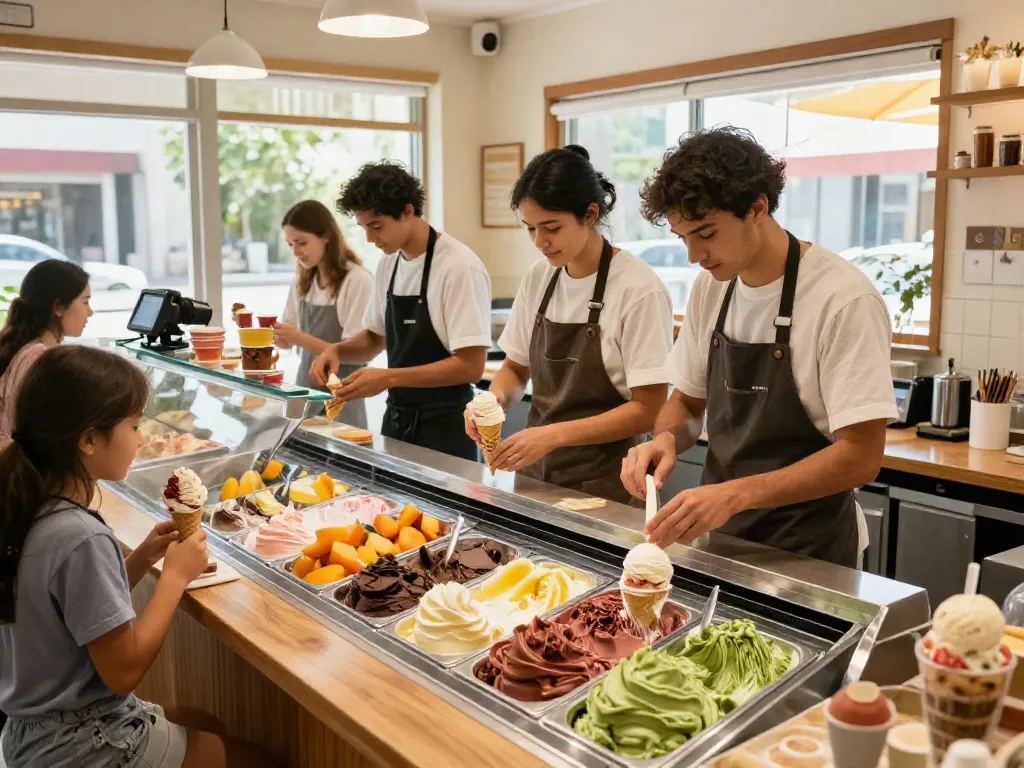 ROKOK88 link login ice cream artisans creating vibrant flavors in a cheerful shop.