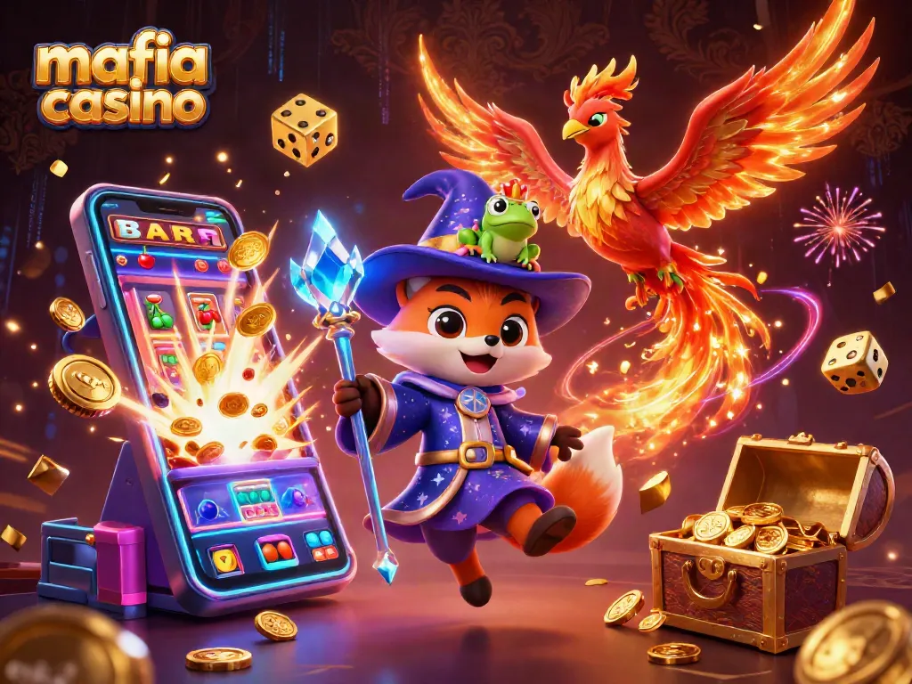 Experience the thrill of mafia casino with dynamic slot reels and animated characters in a vibrant 3D scene.