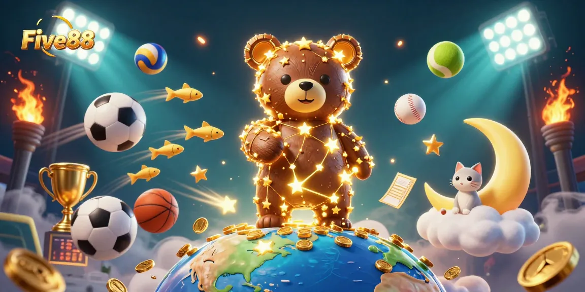 Experience excitement with Five88, featuring a vibrant 3D casino scene full of gold coins and sports elements.