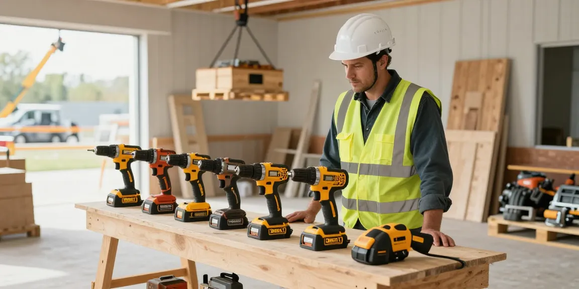 Offerta di Black Friday Dewalt con lavoratori in cantiere che esaminano nuovi strumenti