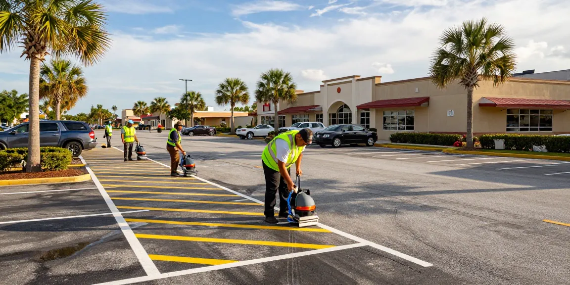 Professional parking lot striping mobile al team applying bright, durable lines in a busy lot in Mobile.