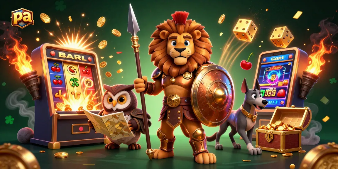 Engaging illustration depicting a Spartan lion, owl, and greyhound with casino elements for pa.