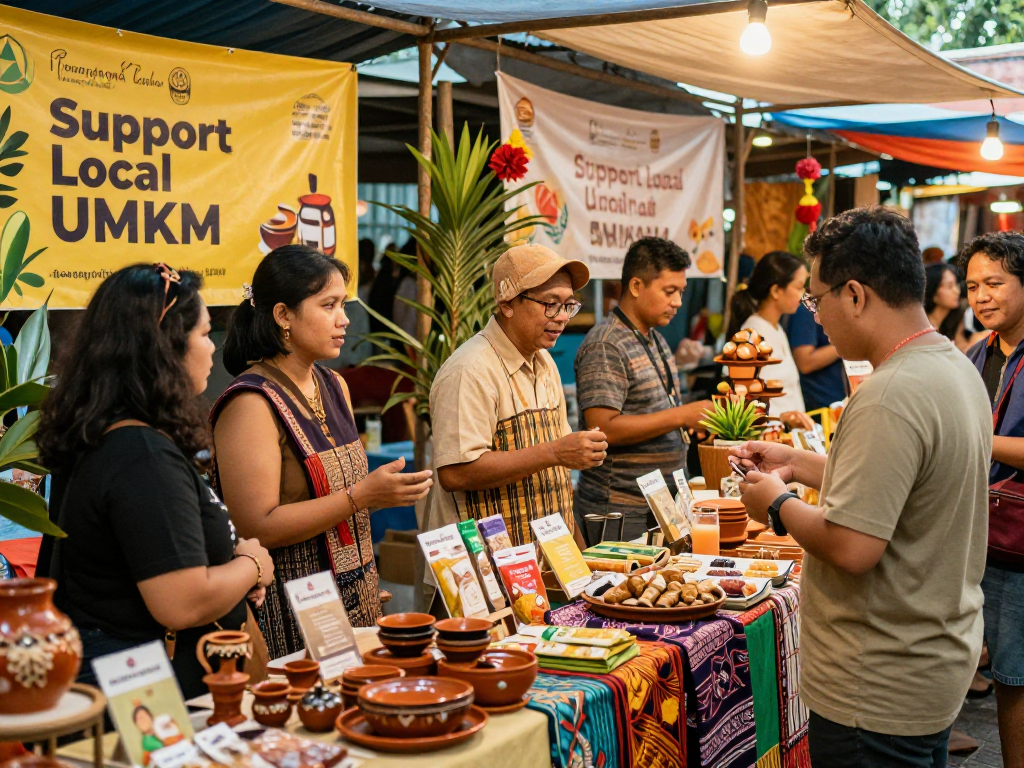 Engaging marketplace scene at https://rokok88.net highlighting local Indonesian UMKM products, showcasing vibrant artisan crafts.