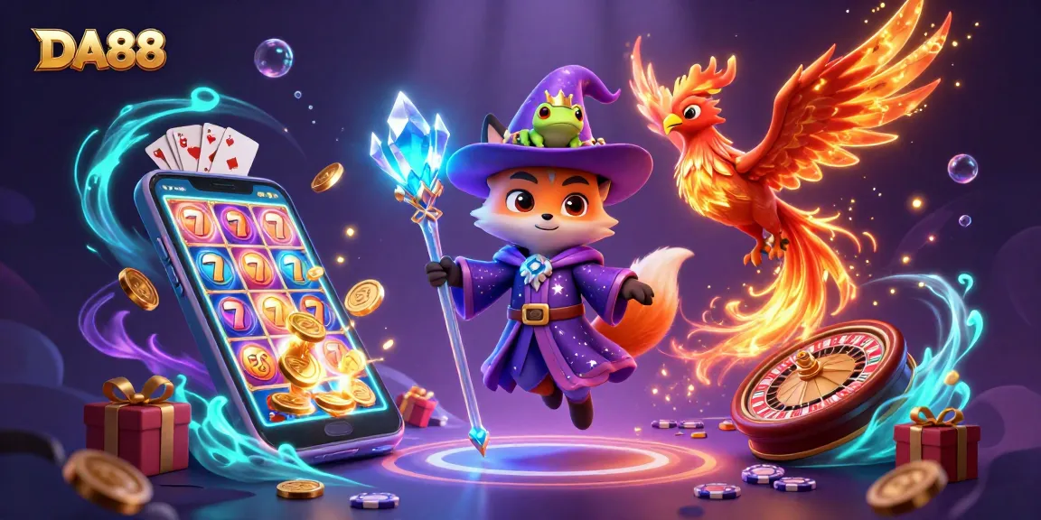 DA88 illuminates the casino magic with a phoenix and wizard fox in dynamic gaming action.