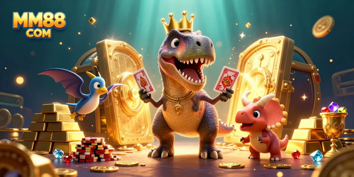 MM88 COM features a playful T-Rex and friends in a vibrant 3D casino scene showcasing thrilling gambling excitement.