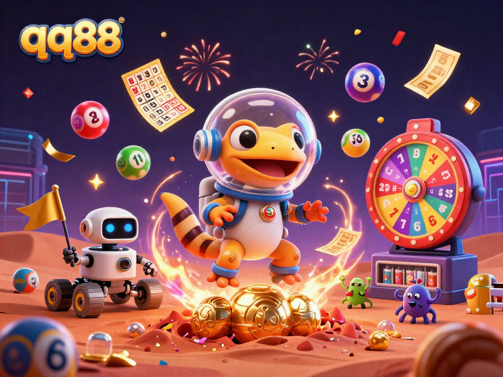 Experience the vibrant world of qq88 as Martian characters celebrate a golden casino discovery on Mars.