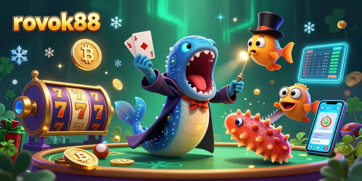 Engage with rokok88's lively casino scene featuring a deep-sea gulper eel performing card tricks.