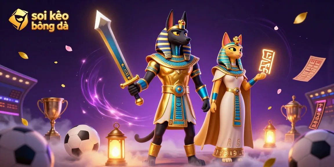 Soi kèo bóng đá with Anubis and Bastet amidst dynamic sports betting elements, showcasing betting strategies.