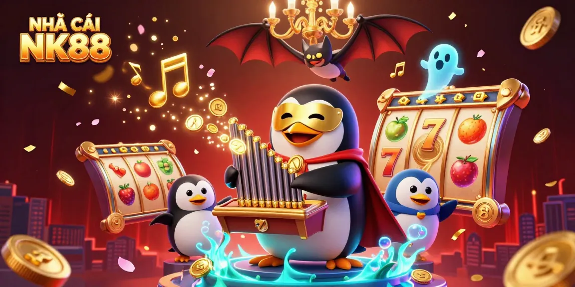 Experience winning at NHÀ CÁI NK88 with a vibrant 3D casino illustration showcasing slot reels and golden coins.
