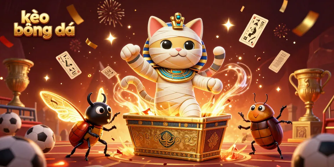 Engage in thrilling sports betting with kèo bóng đá, featuring an adventurous Egyptian mummy cat and golden scarab in vibrant casino atmosphere.